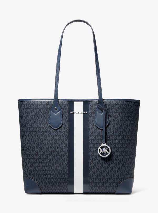 Damske Prenosná Taška Michael Kors Eva Large Logo Stripe Indigo Biele - Kabelky Michael Kors Slevy | WBQGH-3502